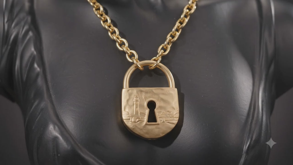 Vintage Gold Padlock Statement Necklace – Engraved Lighthouse & Keyhole Chunky Chain Pendant