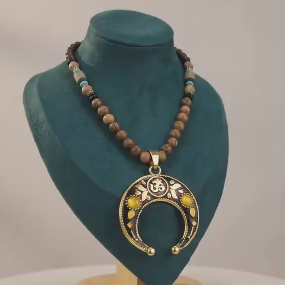 Wooden Bead Necklace with Crescent Om Pendant – Tribal Statement Jewelry
