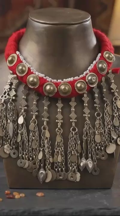 Artisan Statement Necklace with Tribal Metalwork & Red Accents