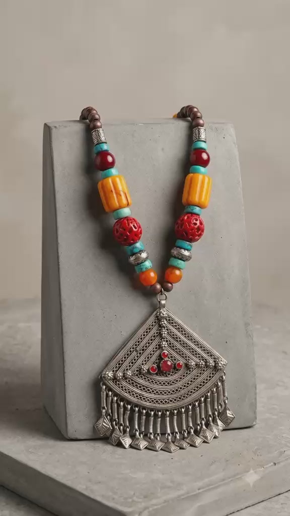 Handmade Ethnic Statement Necklace with Large Silver Pendant and Chunky Colorful Beads