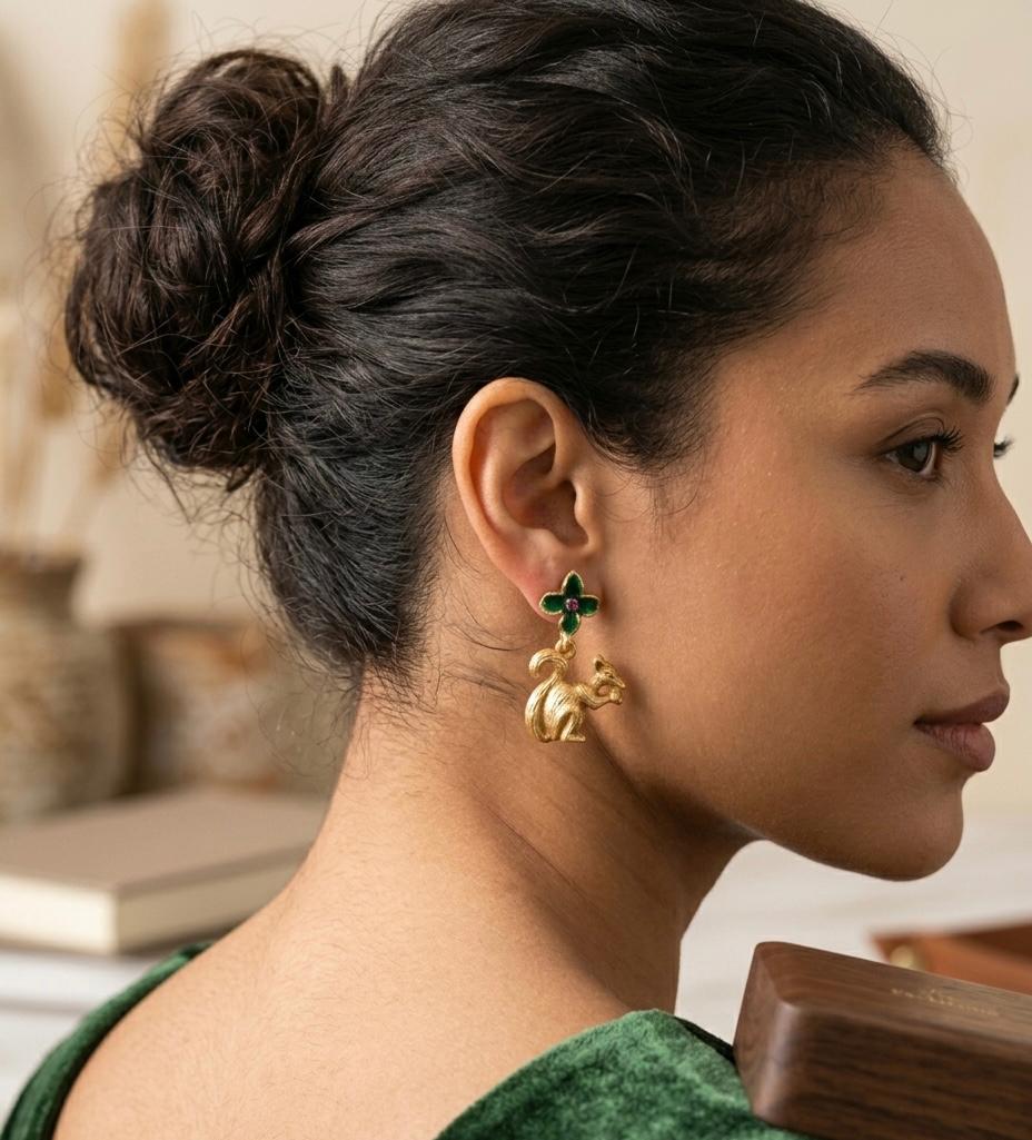 Whimsical Gold Squirrel Dangle Earrings with Green Enamel Flower Accent