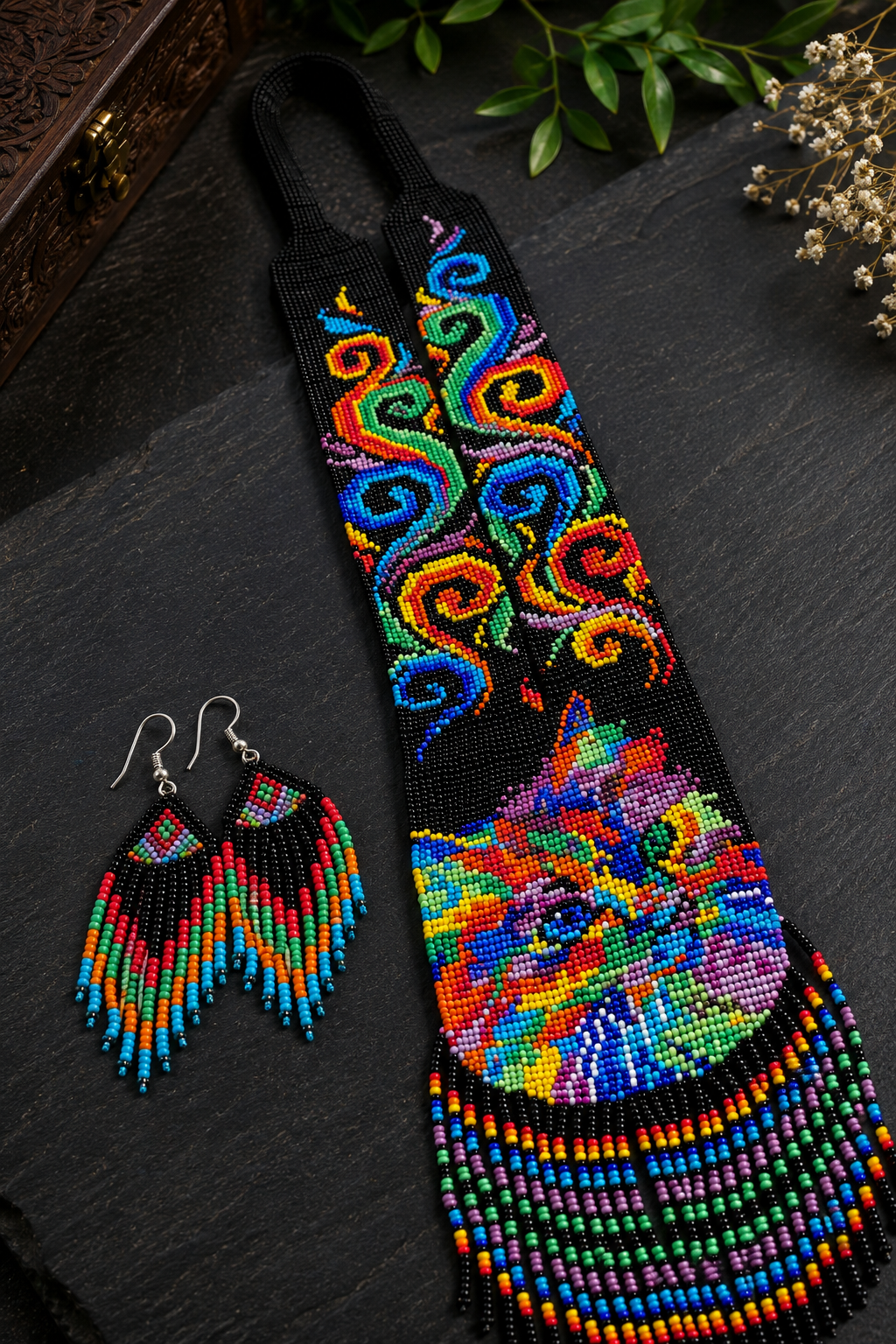 Handmade Loom Beaded Wolf Necklace & Earrings Set