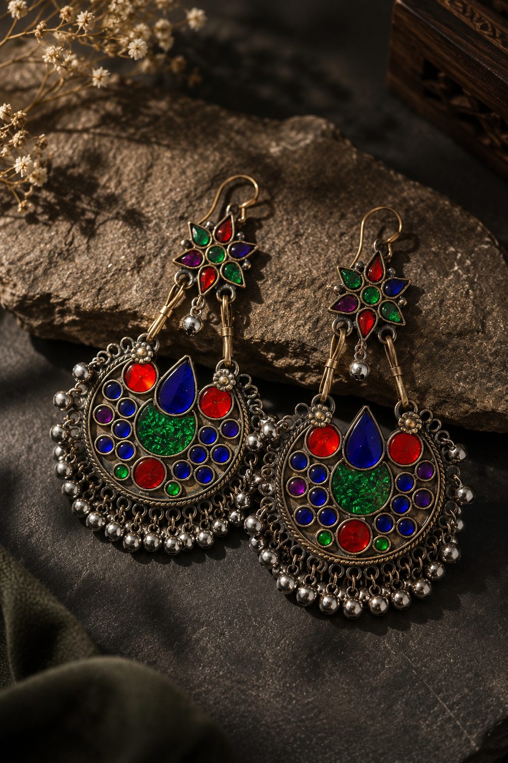 Artisan Bohemian Statement Earrings – Oxidized Multi-Color Ethnic Dangles