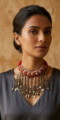 Artisan Statement Necklace with Tribal Metalwork & Red Accents