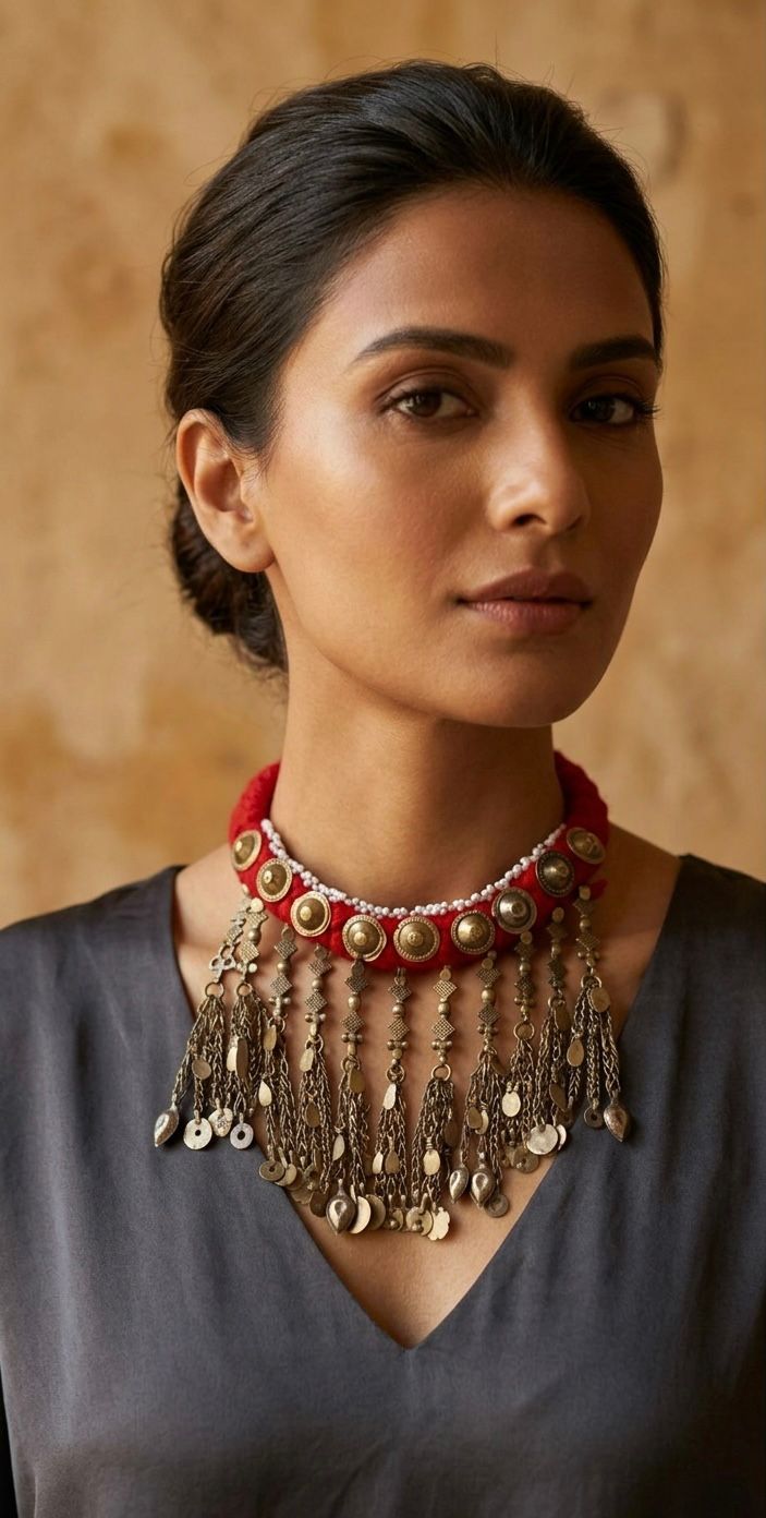 Artisan Statement Necklace with Tribal Metalwork & Red Accents