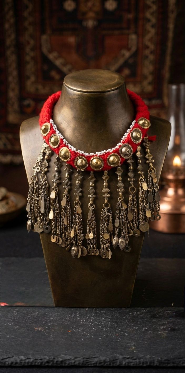 Artisan Statement Necklace with Tribal Metalwork & Red Accents