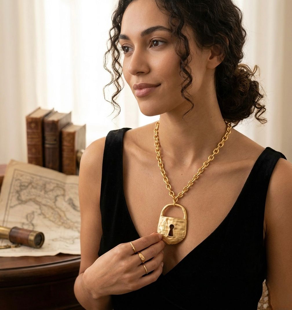 Vintage Gold Padlock Statement Necklace – Engraved Lighthouse & Keyhole Chunky Chain Pendant