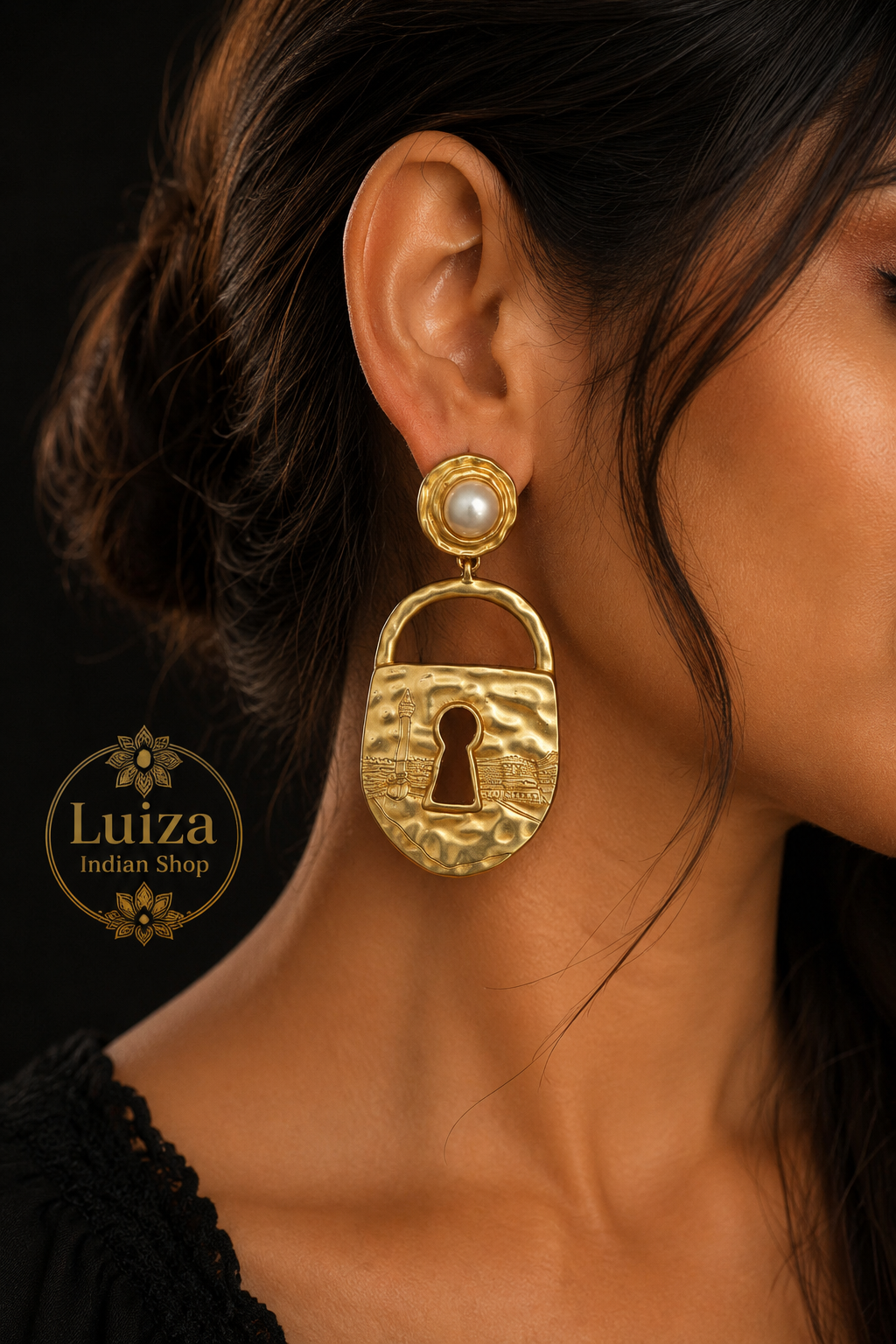 Vintage Gold Lock Drop Earrings with Pearl Studs