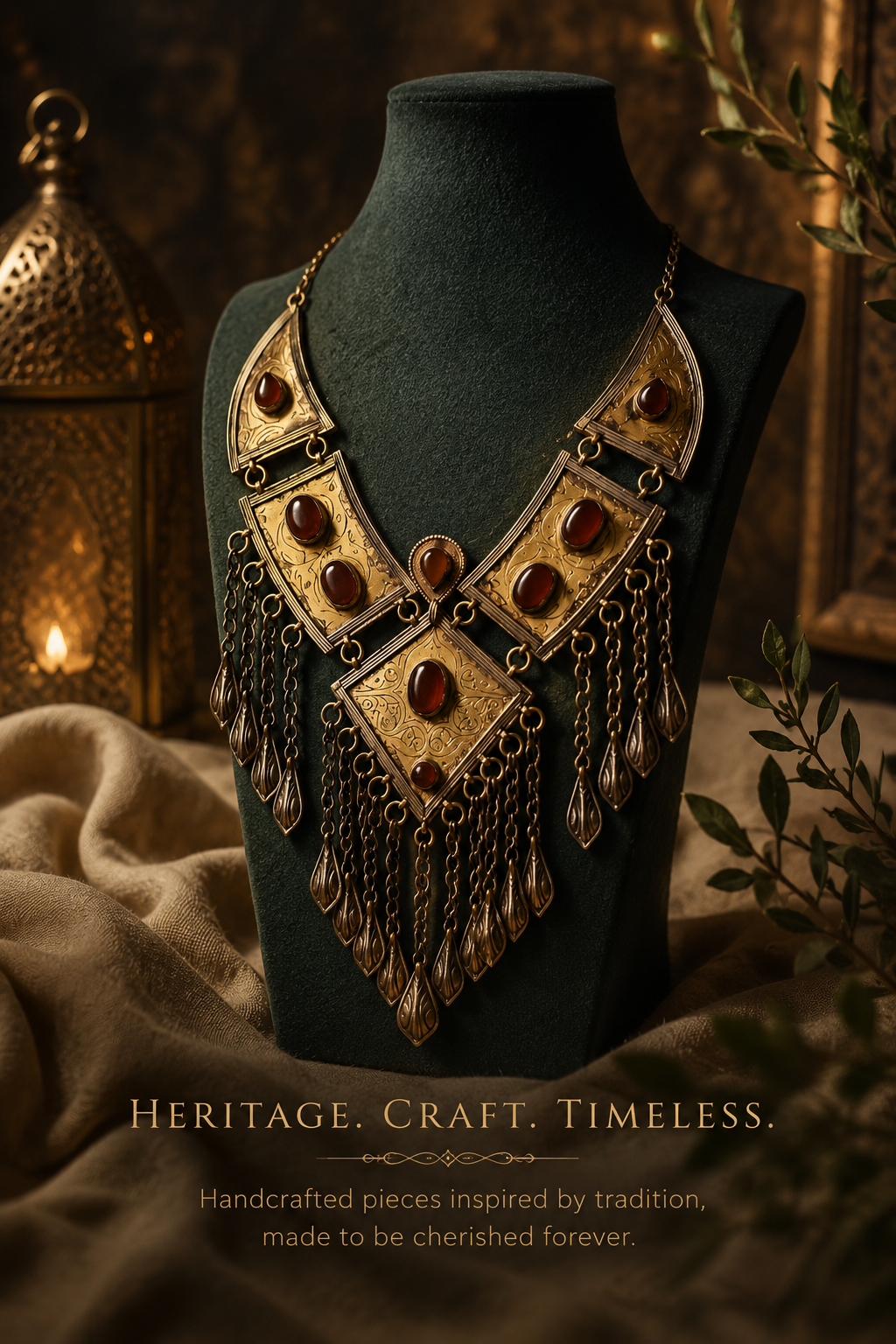 Vintage Tribal Statement Necklace | Antique Gold Ethnic Necklace with Red Stone