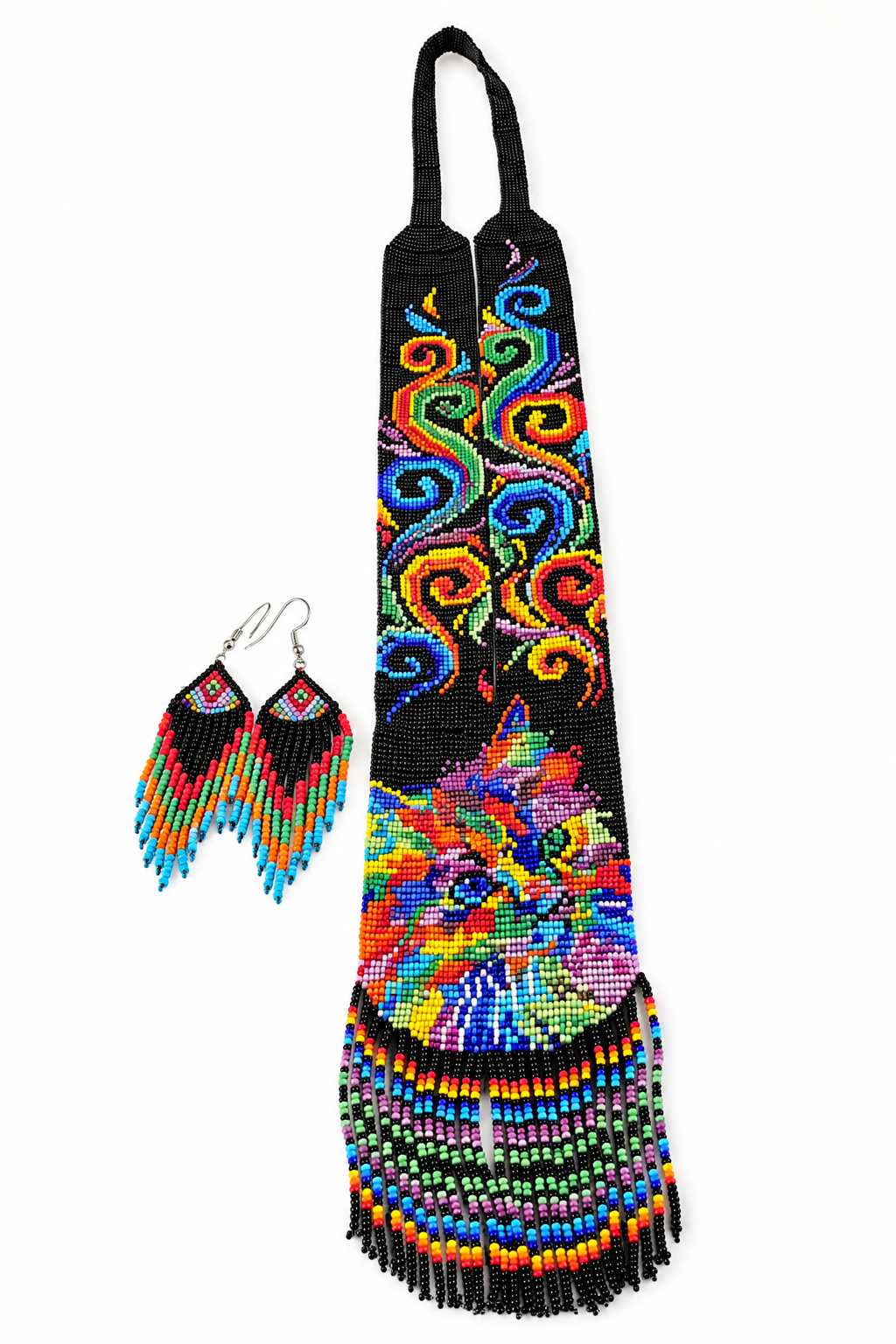 Handmade Loom Beaded Wolf Necklace & Earrings Set