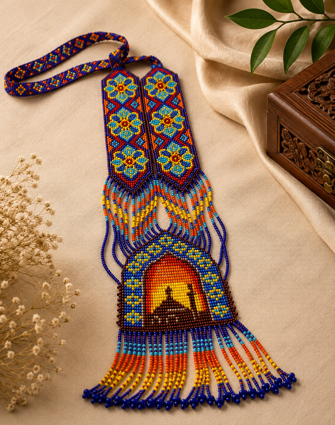 Handcrafted Artisan Beaded Statement Necklace – Geometric Boho Long Pendant with Fringe