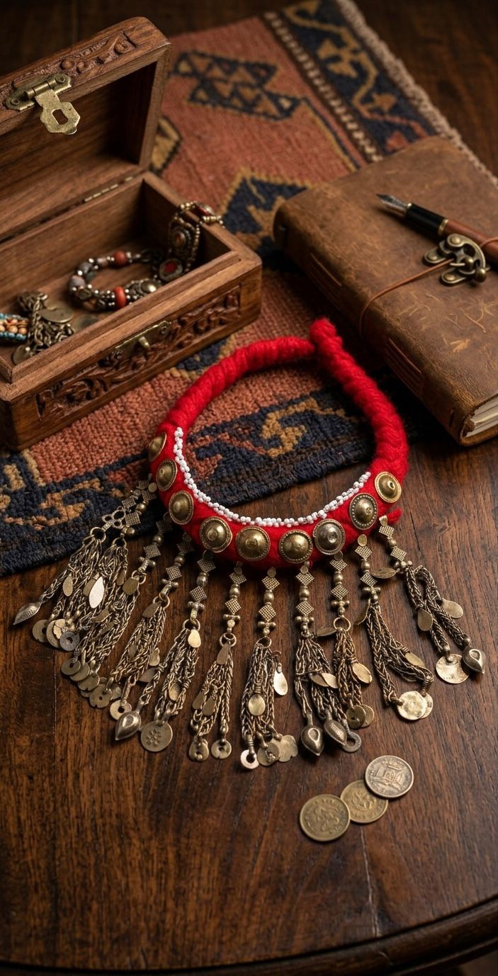 Artisan Statement Necklace with Tribal Metalwork & Red Accents