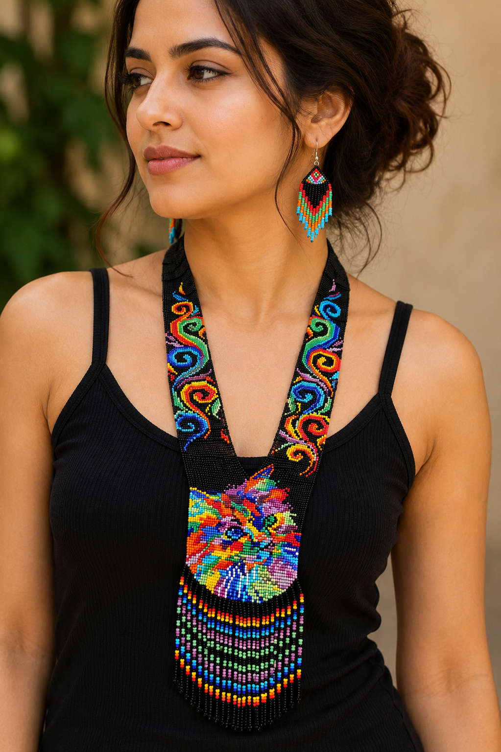 Handmade Loom Beaded Wolf Necklace & Earrings Set