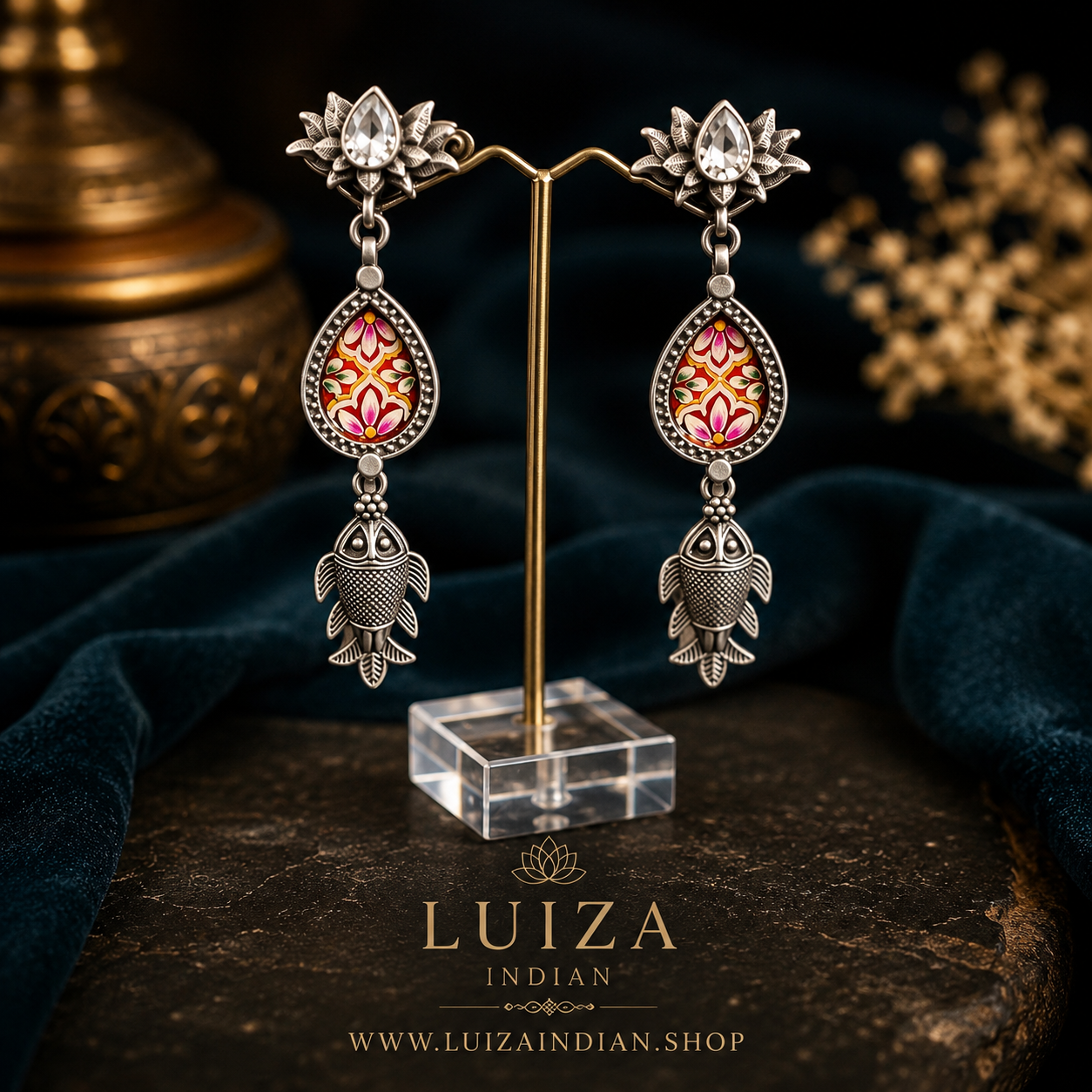 Artisan Oxidized Silver Drop Earrings | Enamel Floral & Fish Motif Statement Jewelry