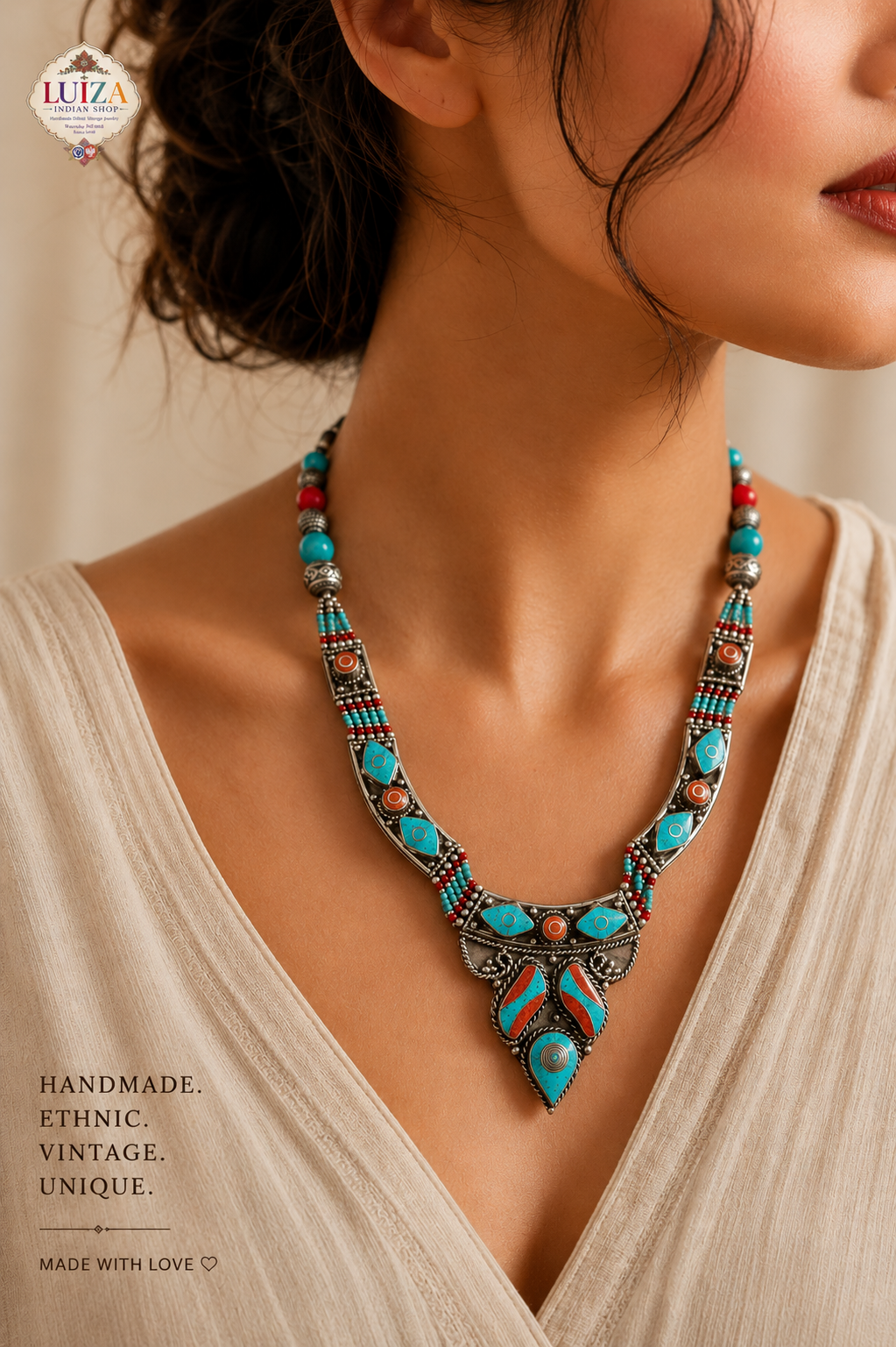 Handmade Tibetan Turquoise Necklace | Ethnic Vintage Jewelry | Luiza Indian Shop
Product Description