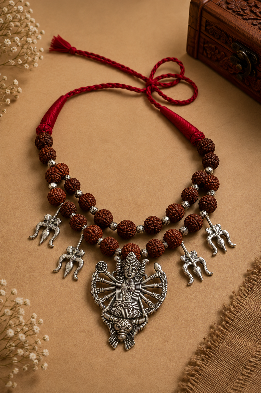 Divine Goddess Durga Oxidized Silver & Rudraksha Statement Necklace with Trishul Charms