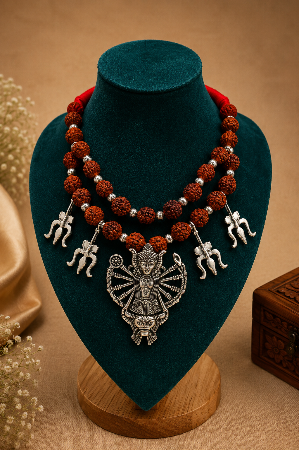 Divine Goddess Durga Oxidized Silver & Rudraksha Statement Necklace with Trishul Charms