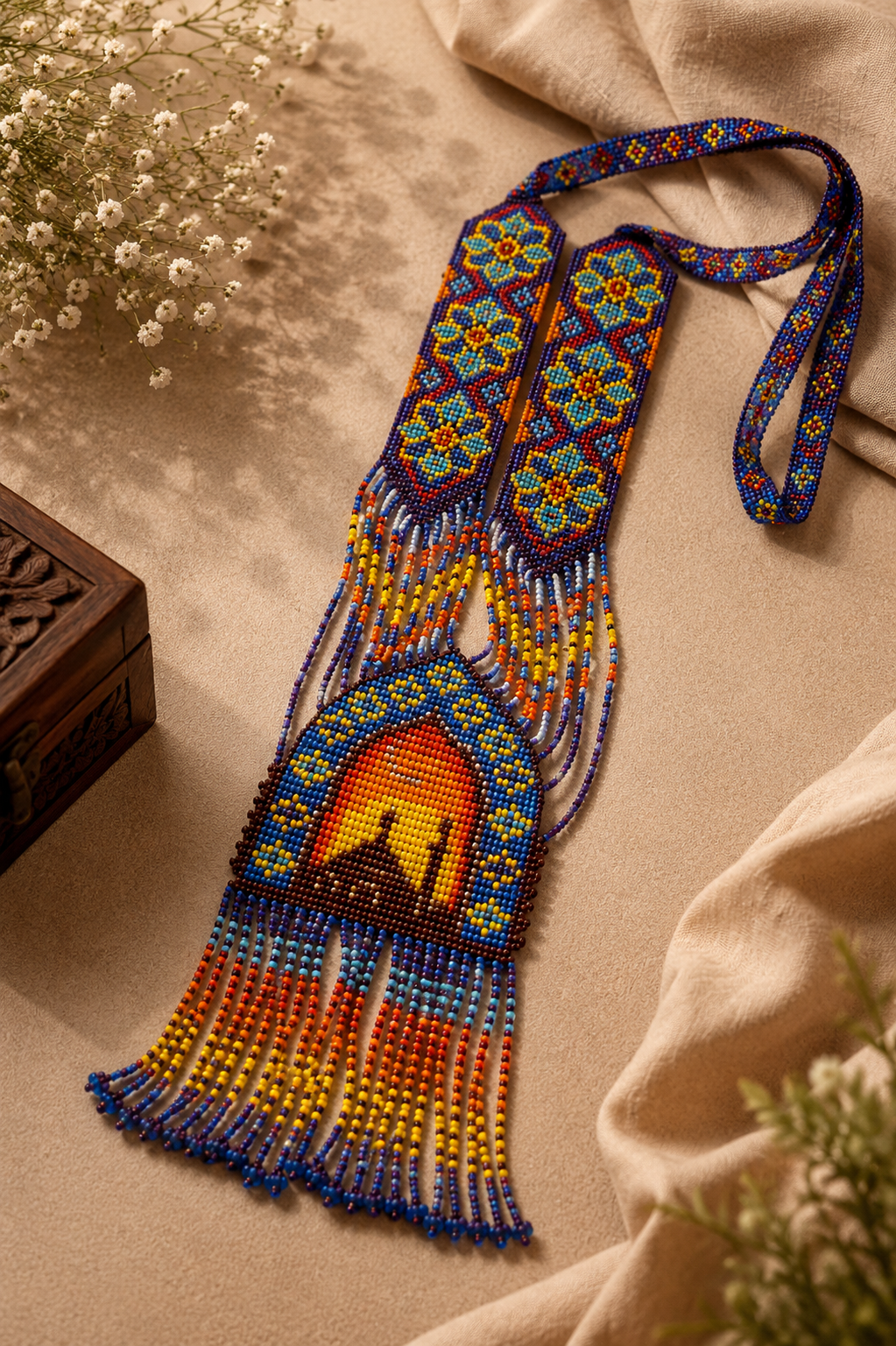 Handcrafted Artisan Beaded Statement Necklace – Geometric Boho Long Pendant with Fringe
