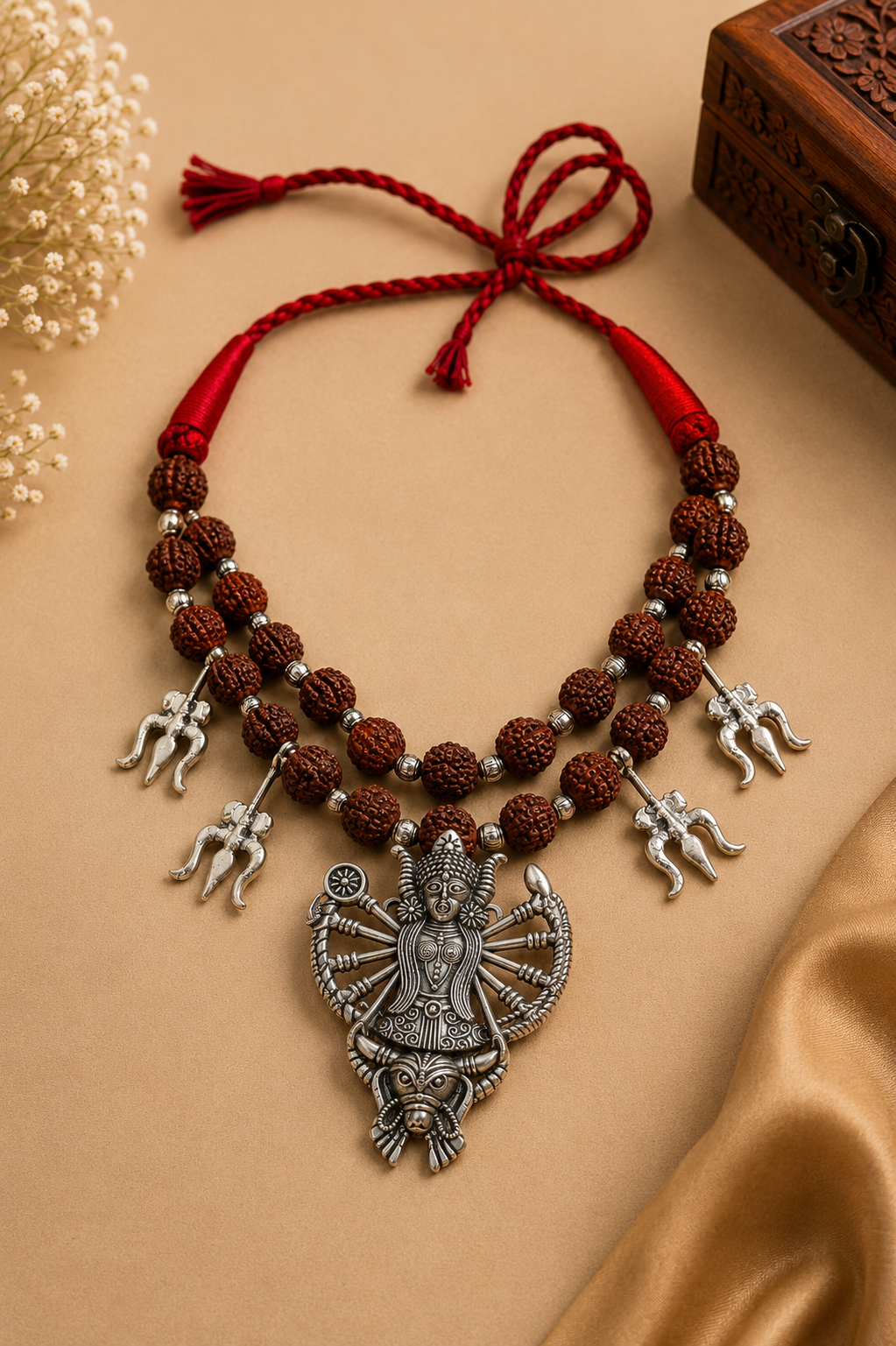 Divine Goddess Durga Oxidized Silver & Rudraksha Statement Necklace with Trishul Charms