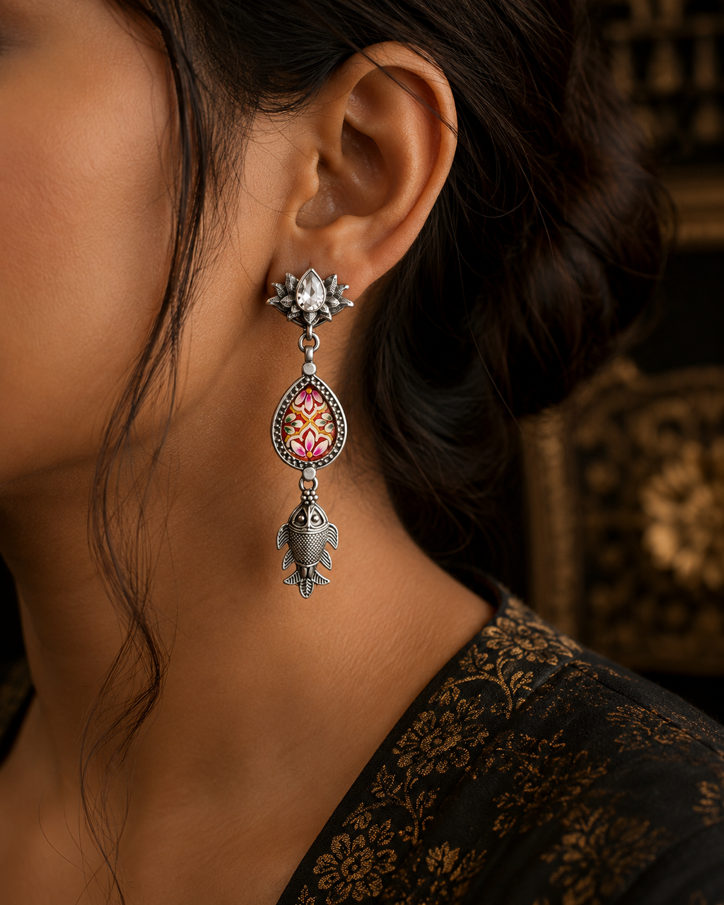 Artisan Oxidized Silver Drop Earrings | Enamel Floral & Fish Motif Statement Jewelry