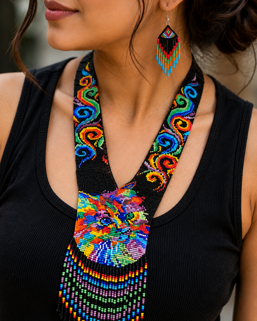Handmade Loom Beaded Wolf Necklace & Earrings Set