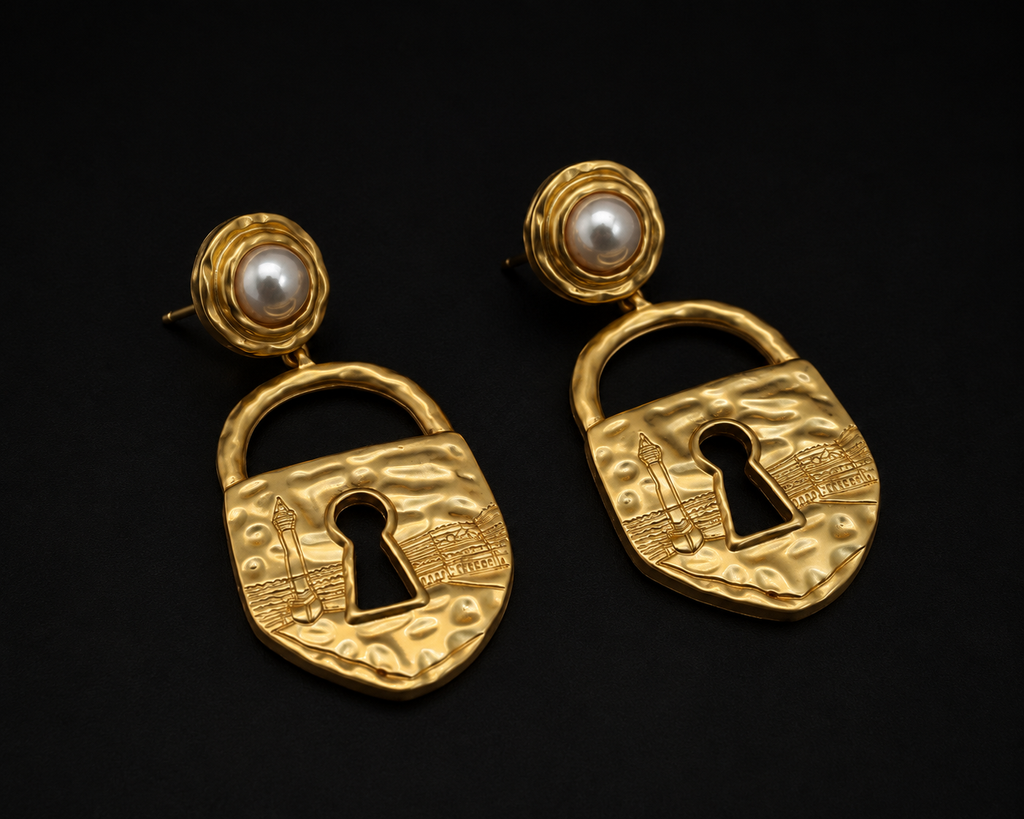 Vintage Gold Lock Drop Earrings with Pearl Studs