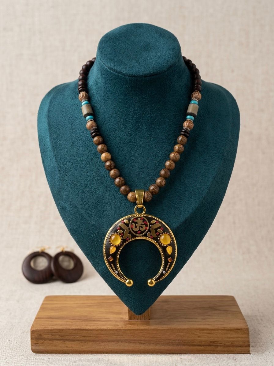 Wooden Bead Necklace with Crescent Om Pendant – Tribal Statement Jewelry