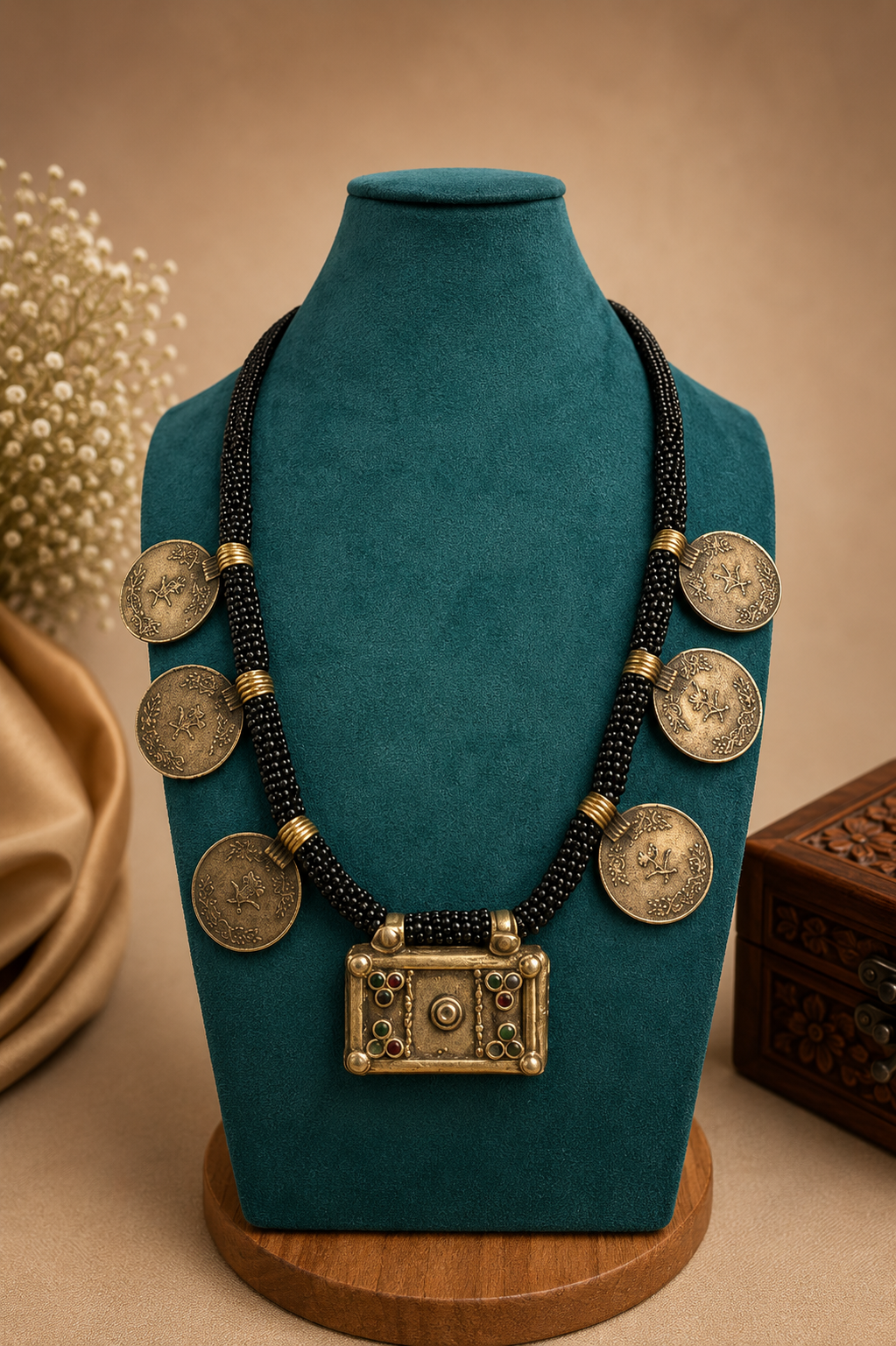 Handcrafted Ethnic Boho Statement Necklace | Antique Gold Coin Pendant with Black Beads