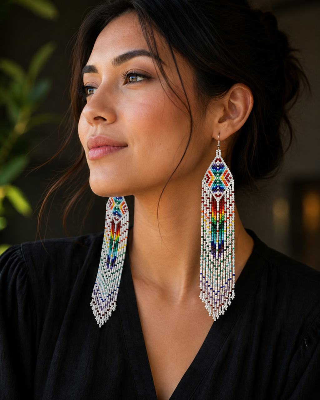Handmade White Beaded Fringe Earrings