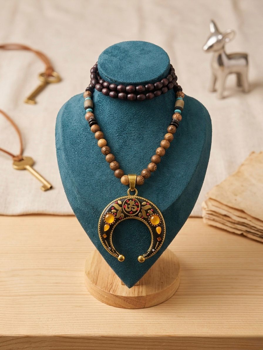 Wooden Bead Necklace with Crescent Om Pendant – Tribal Statement Jewelry