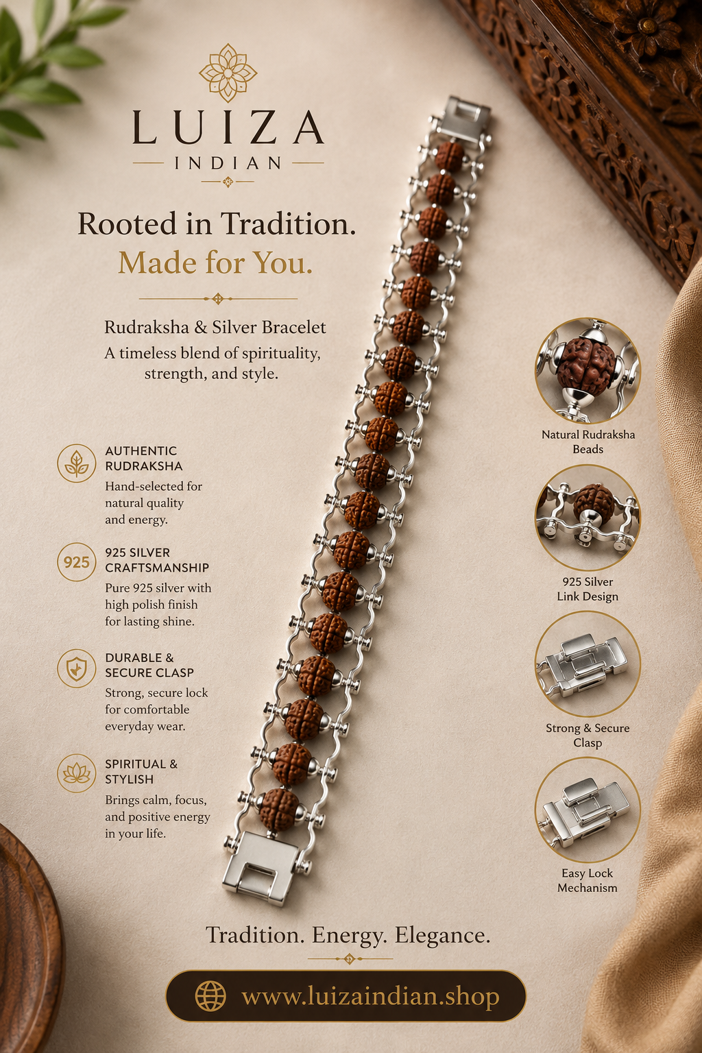 Authentic Rudraksha & 925 Silver Bracelet | Spiritual Protection Jewelry for Men & Women