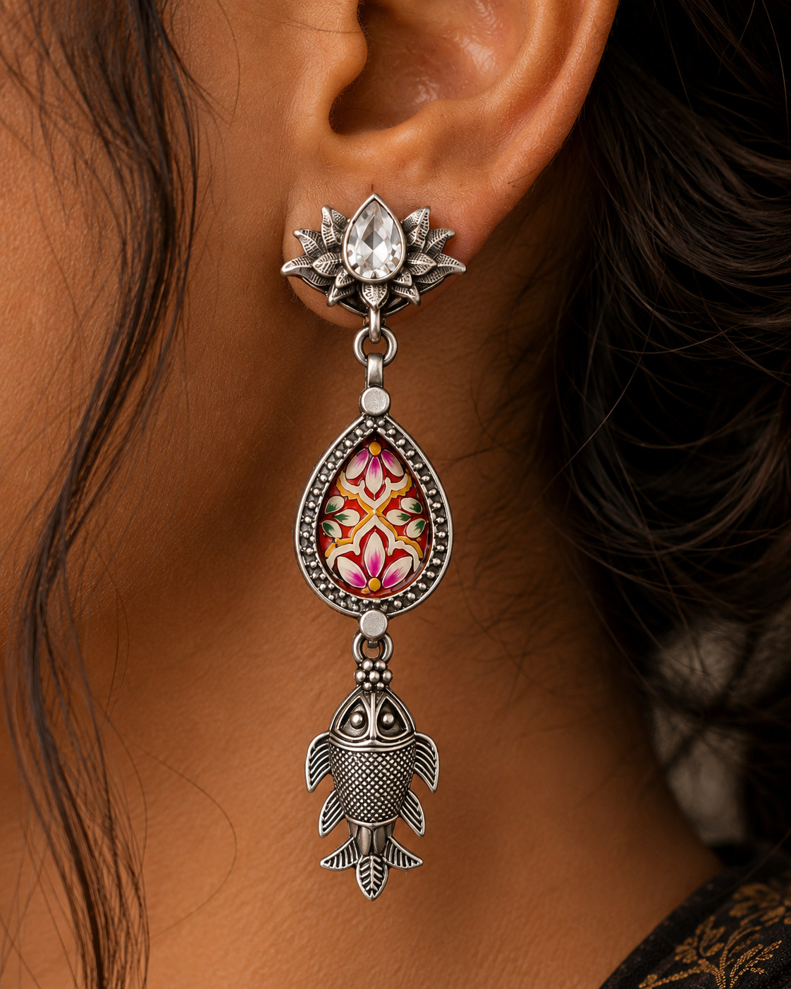 Artisan Oxidized Silver Drop Earrings | Enamel Floral & Fish Motif Statement Jewelry