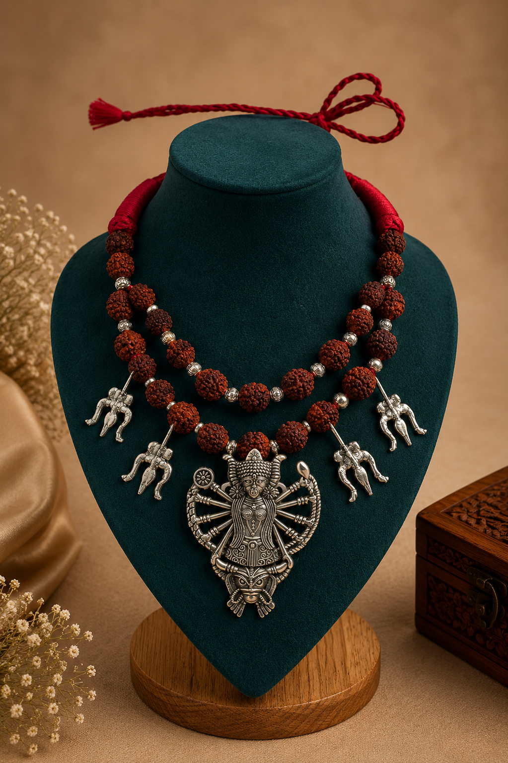 Divine Goddess Durga Oxidized Silver & Rudraksha Statement Necklace with Trishul Charms