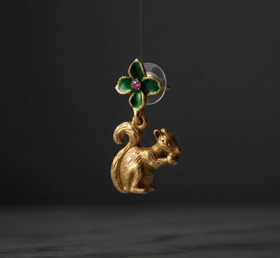 Whimsical Gold Squirrel Dangle Earrings with Green Enamel Flower Accent