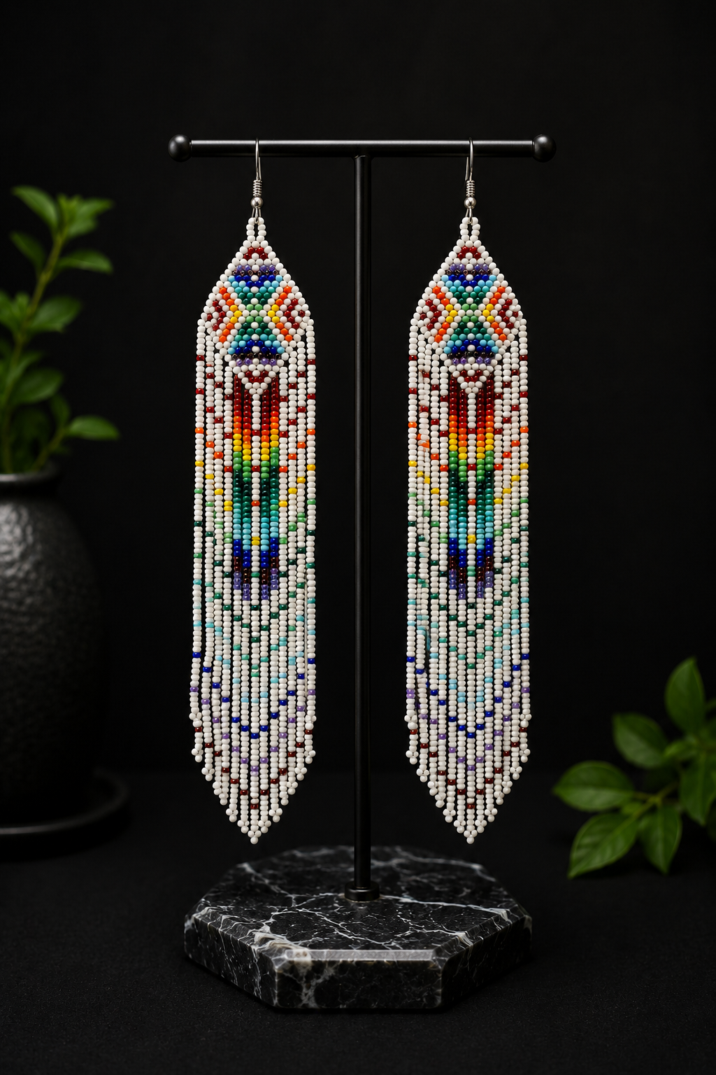 Handmade White Beaded Fringe Earrings