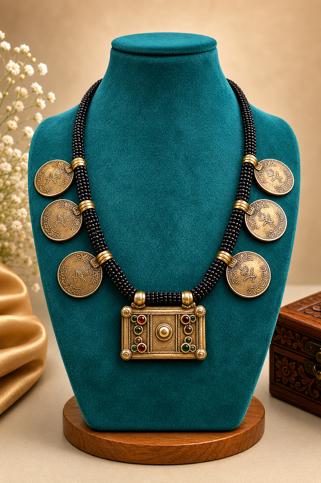 Handcrafted Ethnic Boho Statement Necklace | Antique Gold Coin Pendant with Black Beads