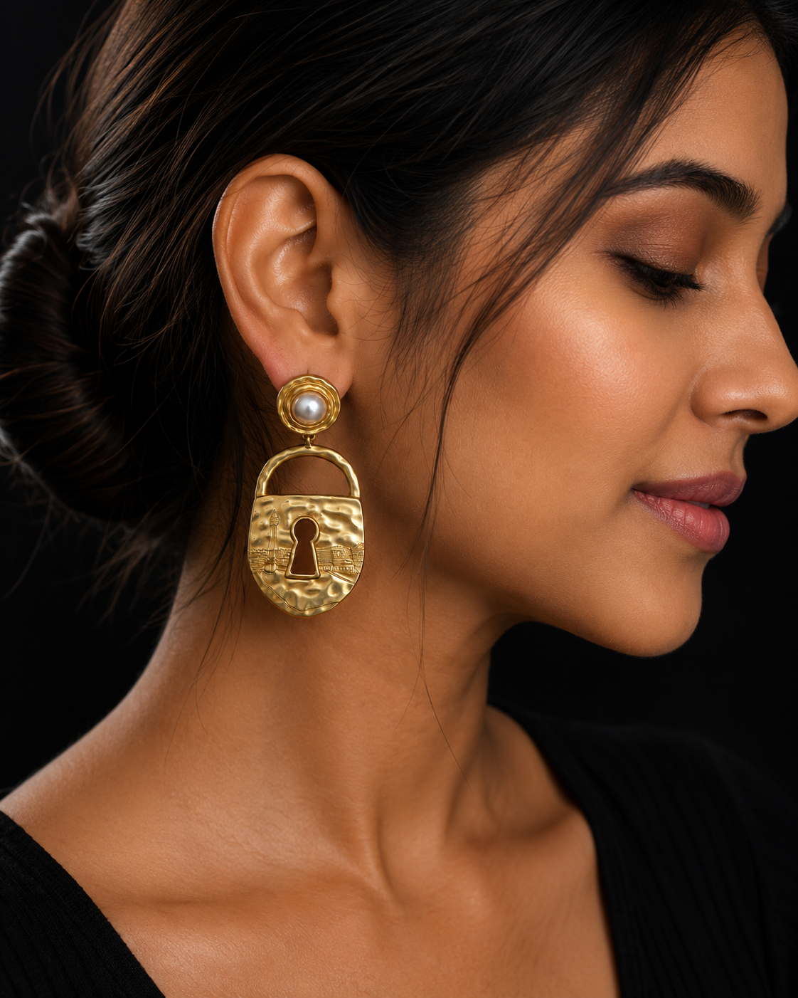 Vintage Gold Lock Drop Earrings with Pearl Studs