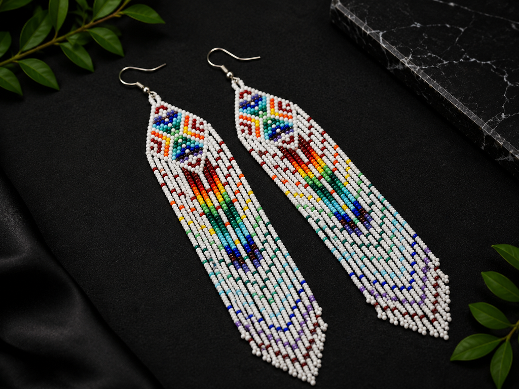 Handmade White Beaded Fringe Earrings