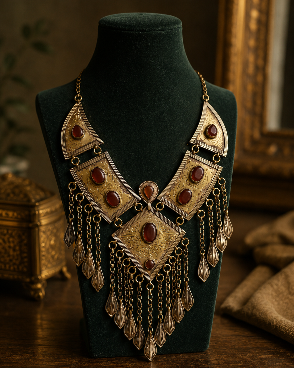 Vintage Tribal Statement Necklace | Antique Gold Ethnic Necklace with Red Stone