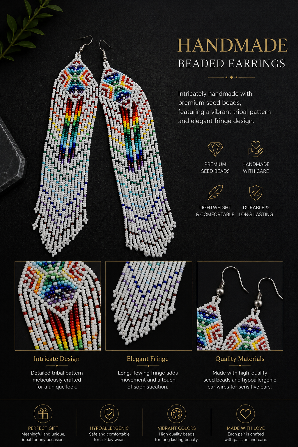Handmade White Beaded Fringe Earrings